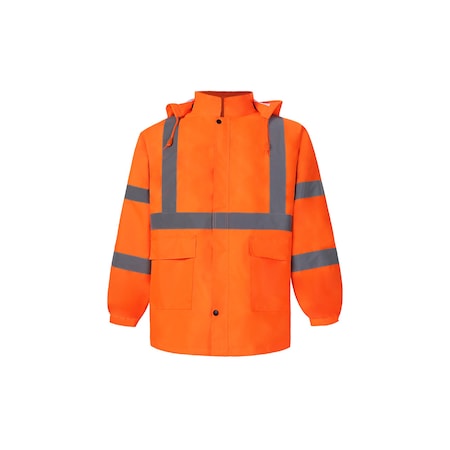 High Viz Rain Jacket With Detachable Hood, 3X-Large, Orange, Class 3